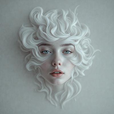 The primary subject of the image is a close-up of a woman's face, featuring her lips and eyes. The setting is a white background, which provides a clean and minimalistic look. The visual style is a digital art or illustration, as the woman's face appears to be a sculpture or a digital representation of a sculpture. The colors are predominantly white, giving the image a clean and elegant appearance.